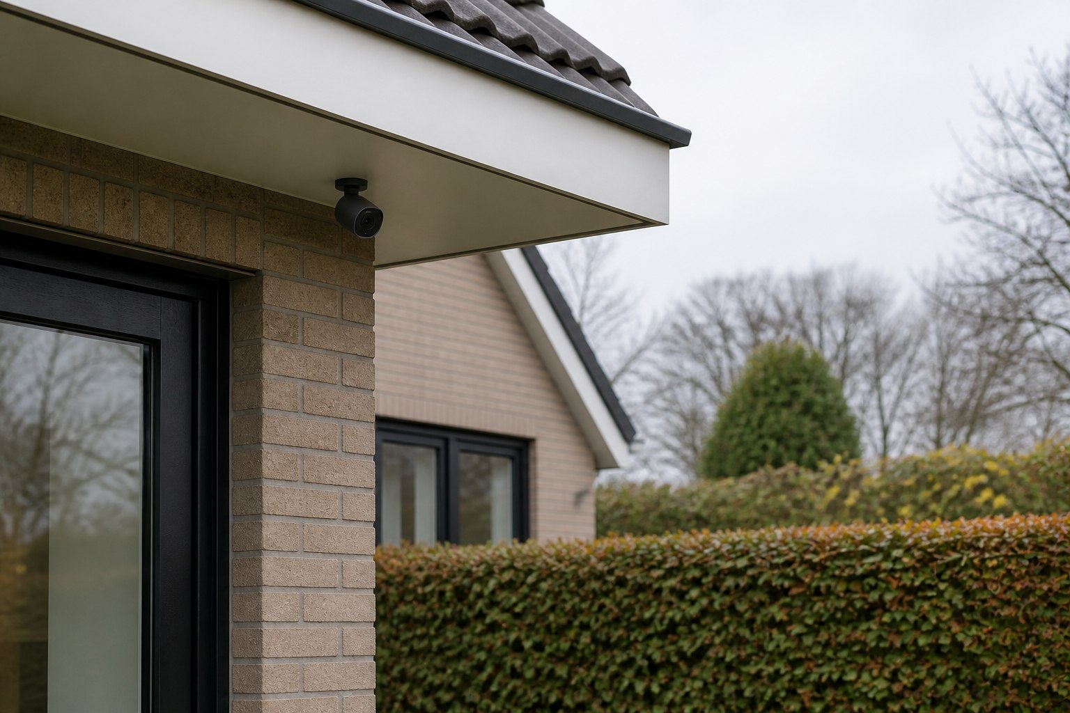 Subtiele beveiligingscamera onder de dakrand van een woning
