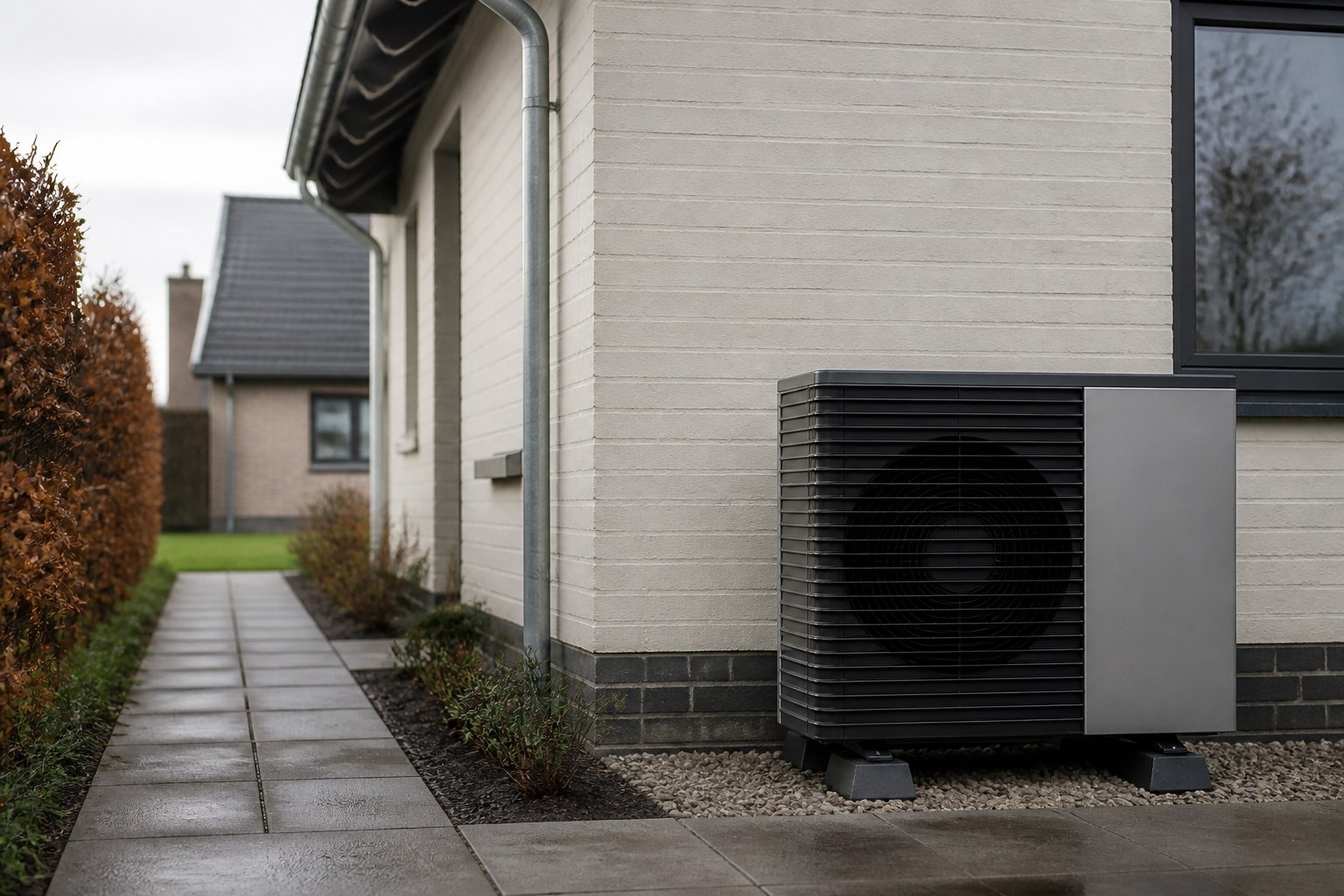 Warmtepomp naast een Nederlandse woning