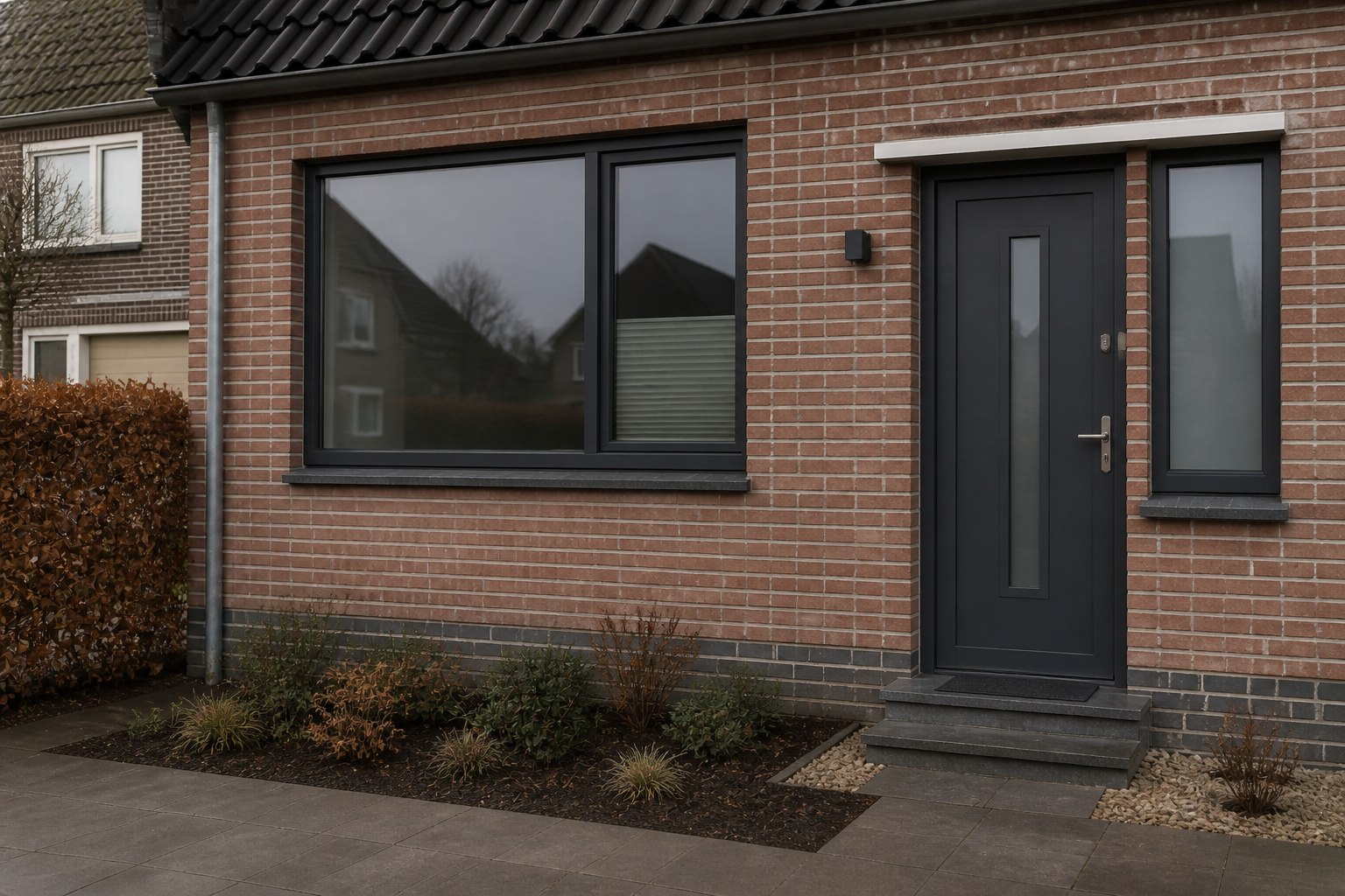Gerenoveerde bakstenen gevel van een Nederlandse woning