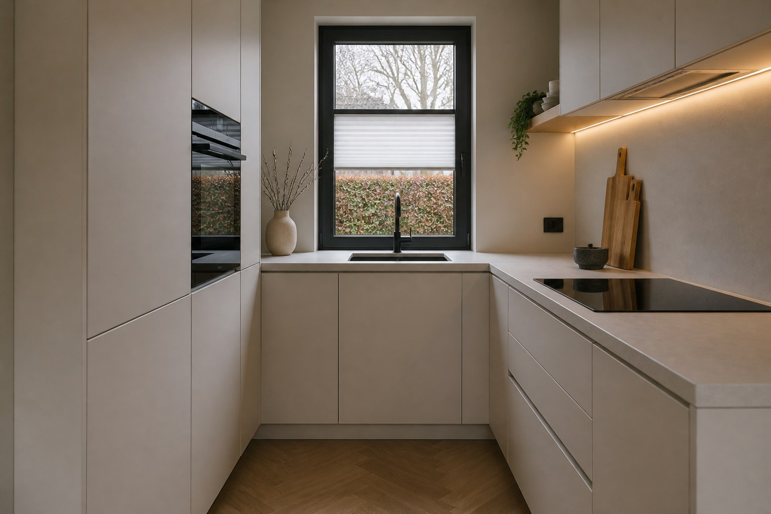 Moderne compacte Europese keuken in rustige neutrale kleuren