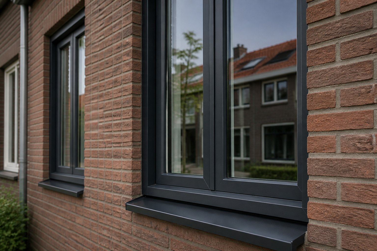 Donkere kozijnen met dubbel glas in een Nederlandse bakstenen woning