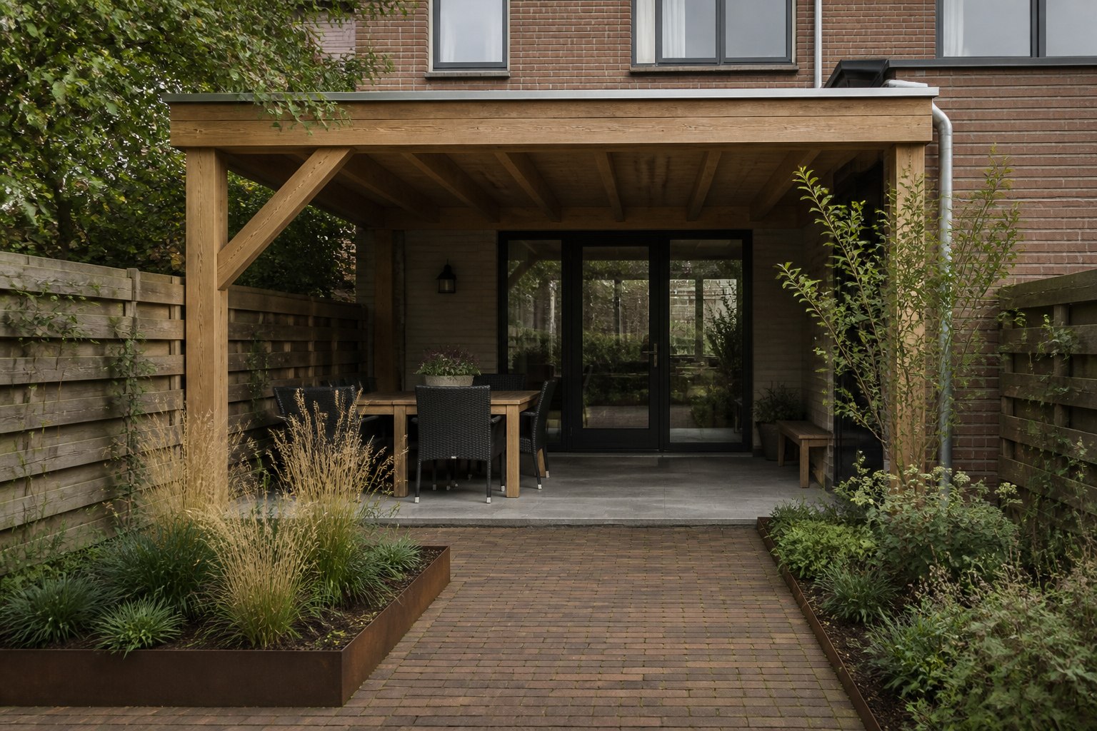 Houten veranda in een verzorgde Nederlandse achtertuin