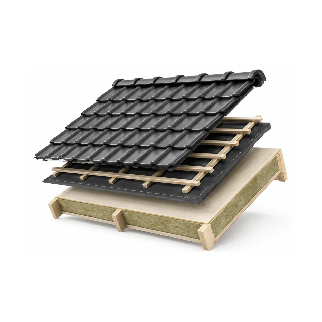 Dakrenovatiemodule met losgelegde dakpannen, panlatten en geïsoleerde dakcassette