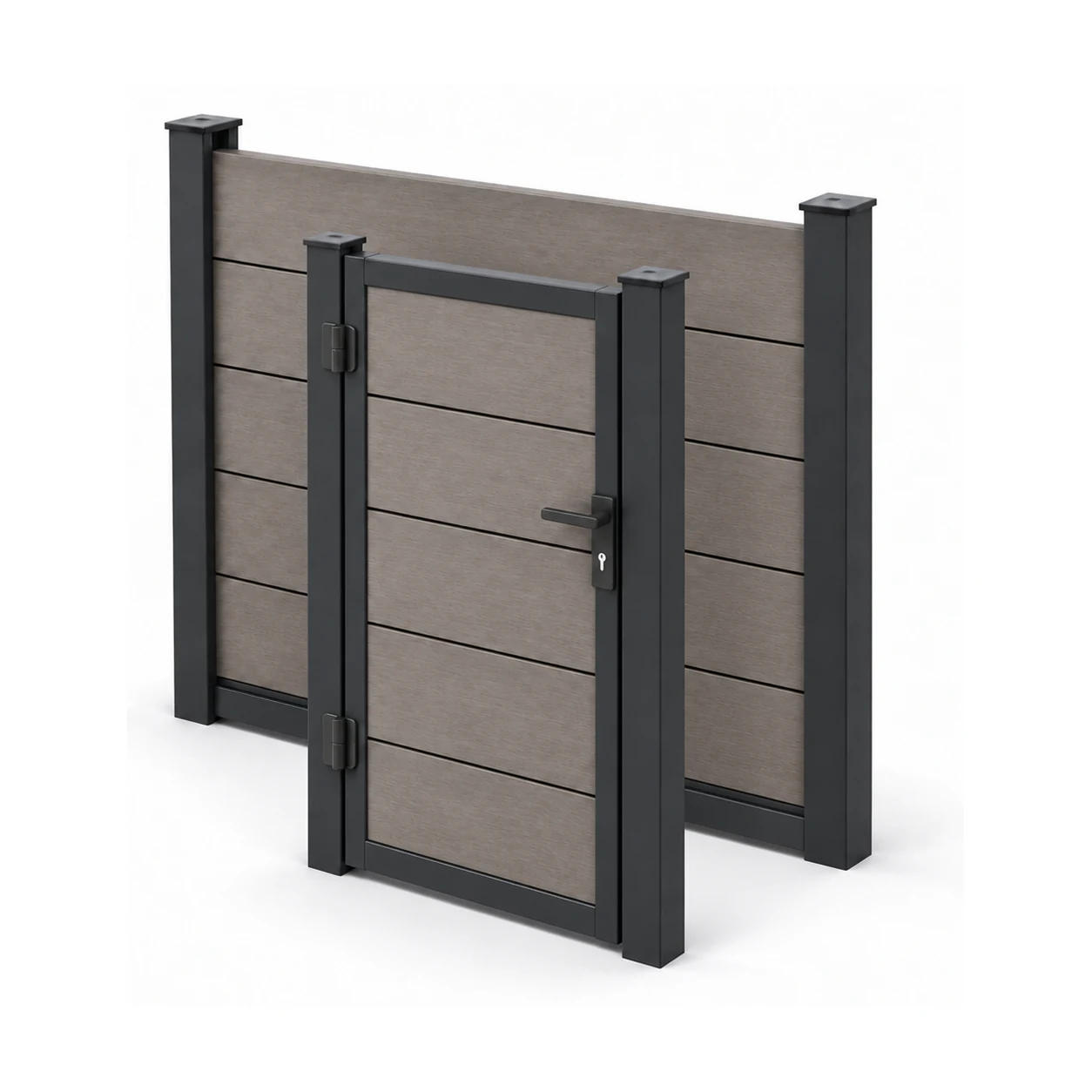 Composiet schutting met een bijpassende tuinpoort in een zwart metalen frame